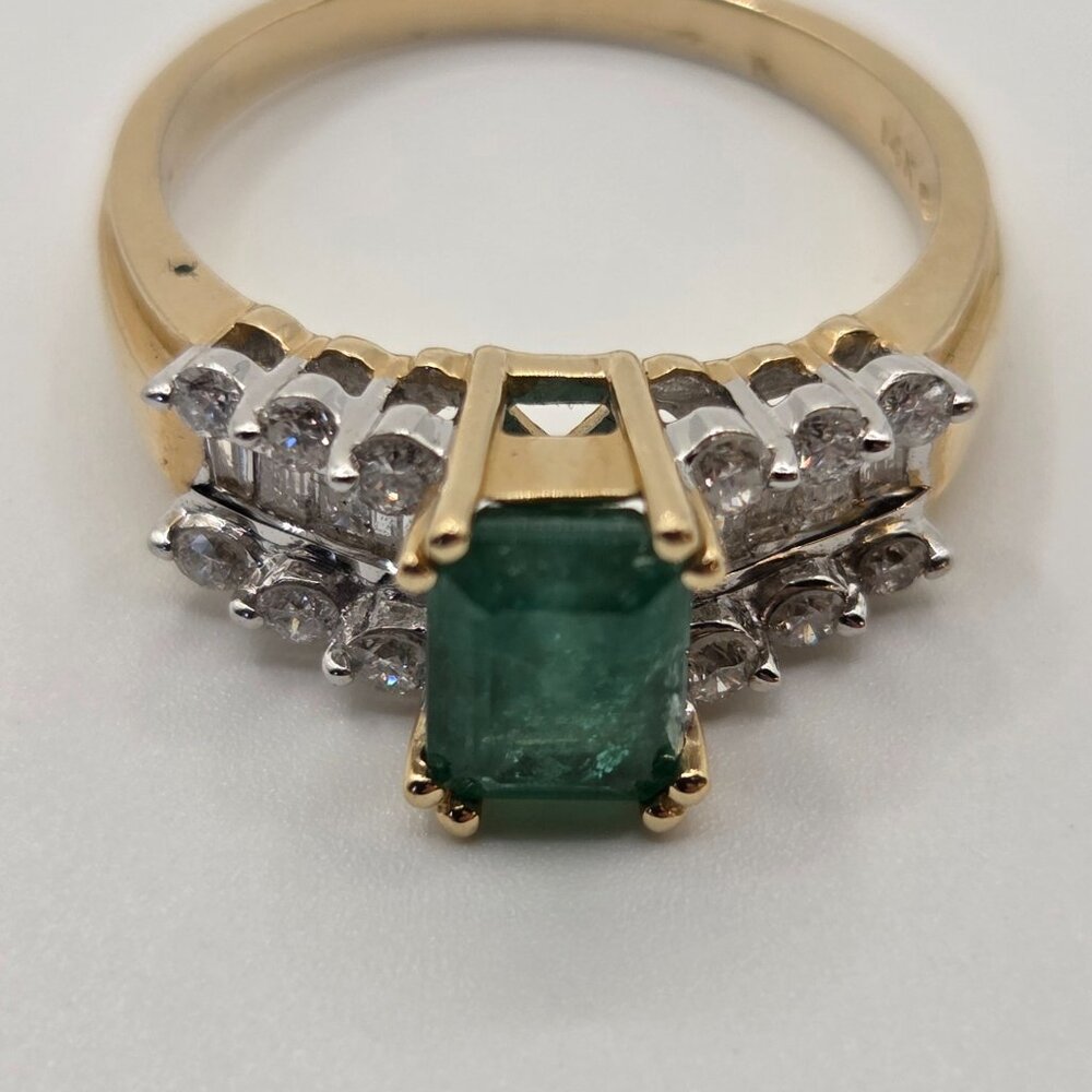 Natural Emerald and Diamond Ring, 14K Yellow Gold, Vintage Style, Size 7
